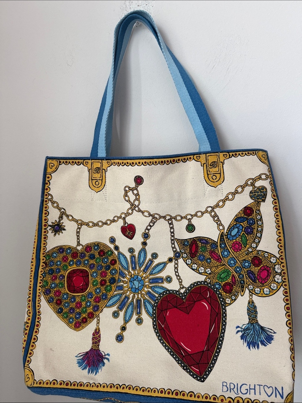 Brighton Cream Tote with Blue Straps and Multicolor Jewel Motif